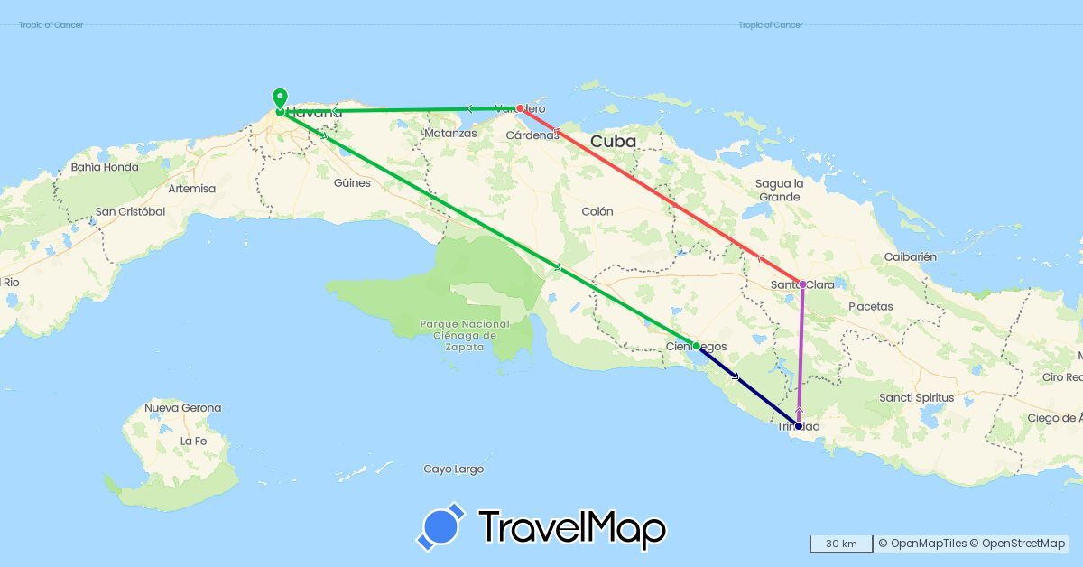 TravelMap itinerary: driving, bus, train, hiking in Cuba (North America)